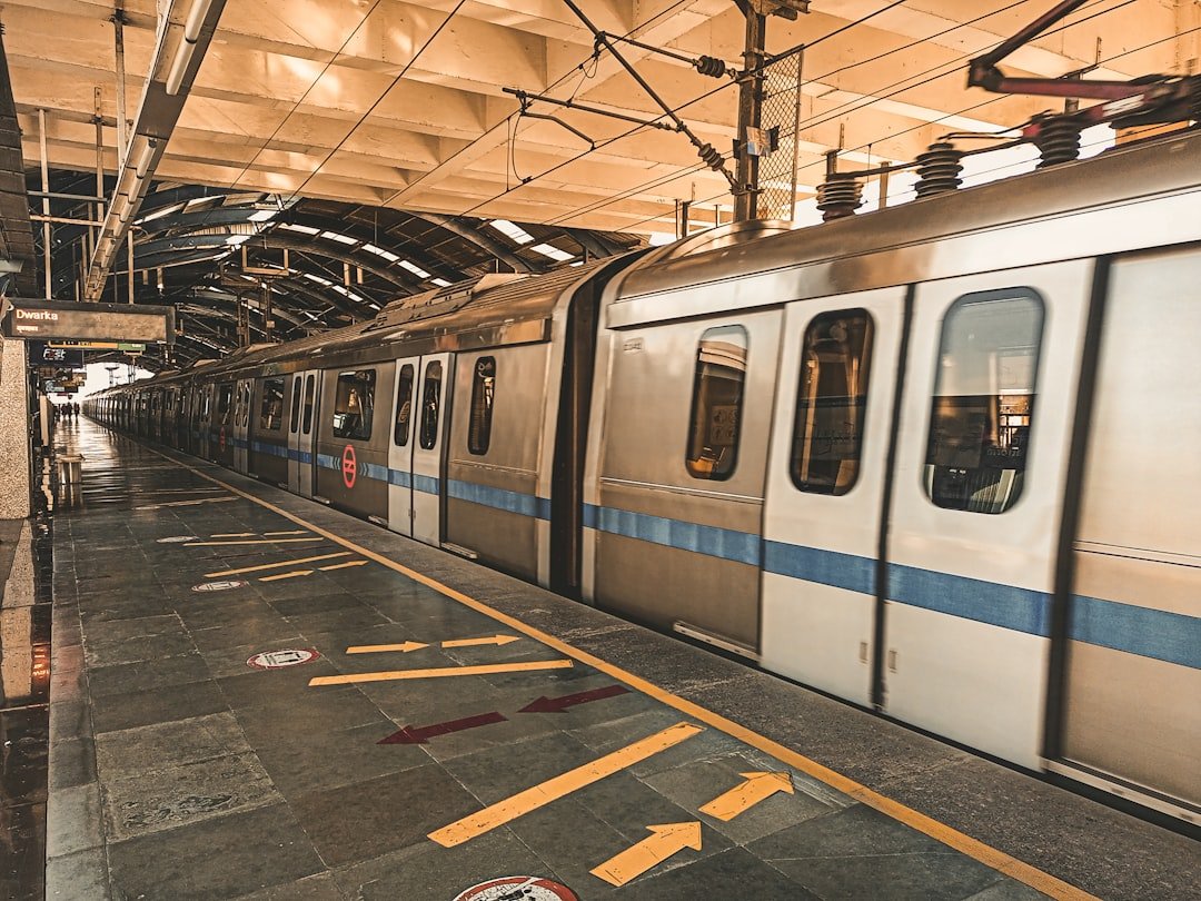 Stainless steel handrails on a metro rail station platform