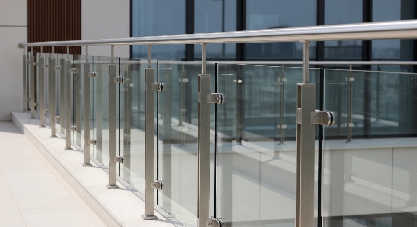 Balcony railings India — glass railing commercial high-rise project IS 875
