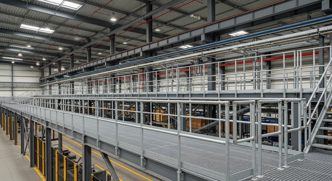 Industrial safety railings on a plant platform
