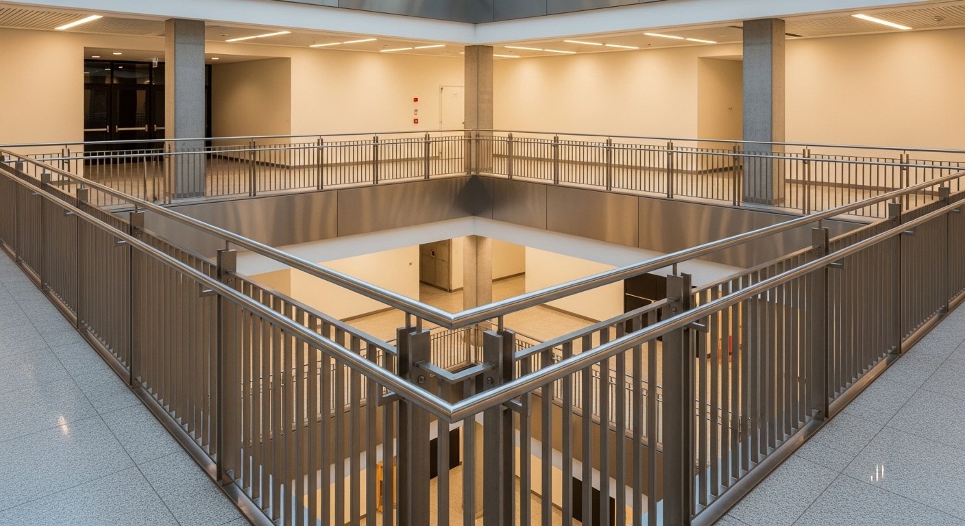 Stainless steel atrium railing in a commercial building interior