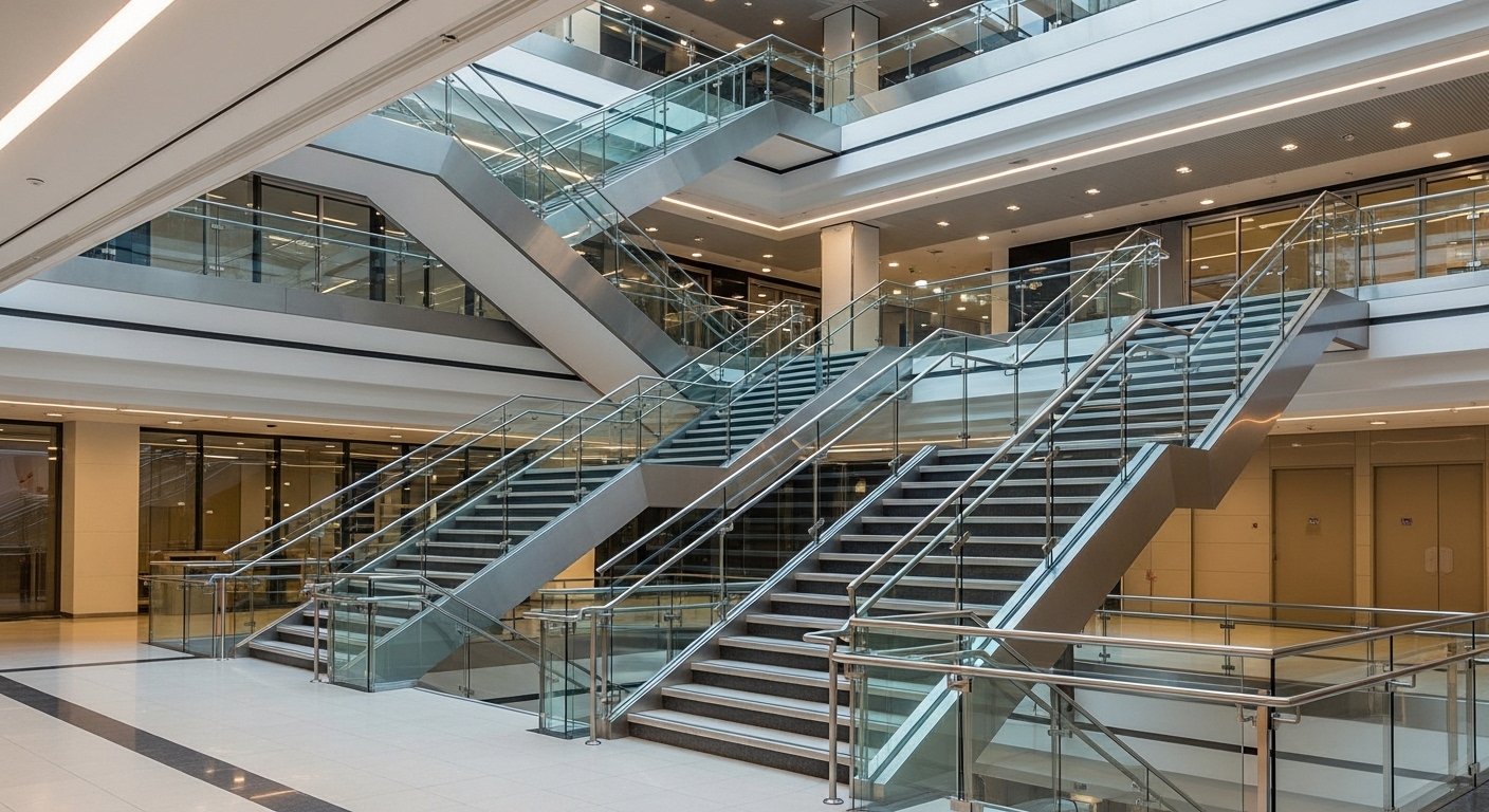 Staircase railings in a commercial interior