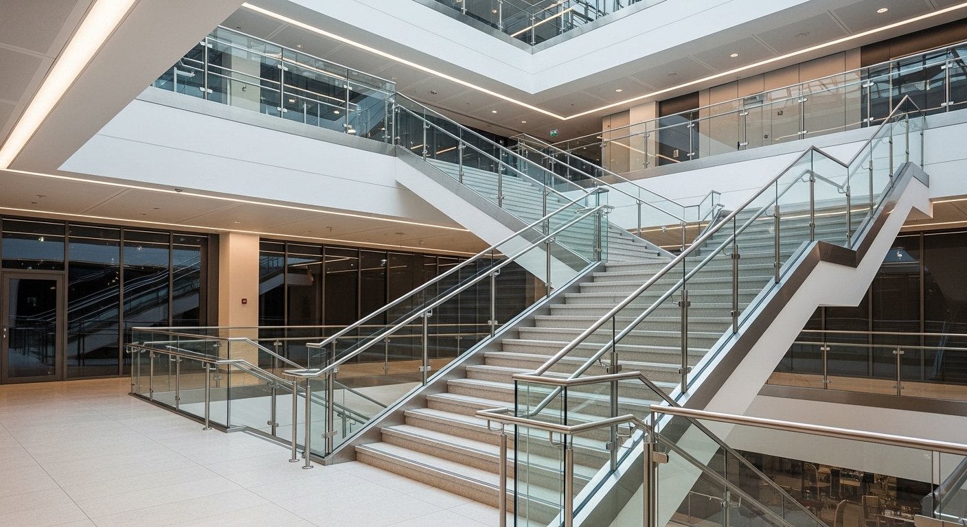 Staircase railings India — glass railing high-rise building interior