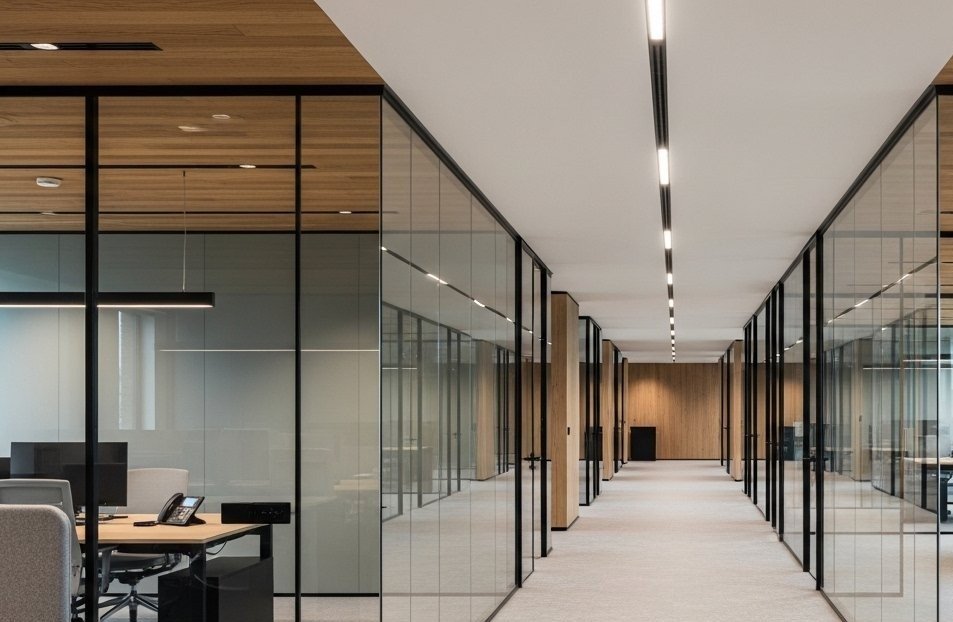 Framed glass partition systems in a modern commercial office interior